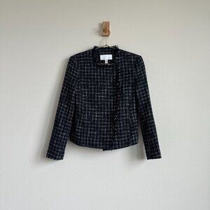 BOSS by Hugo Boss Jicara Tweed Frayed Black Navy Crop Cotton Blazer - Size 2